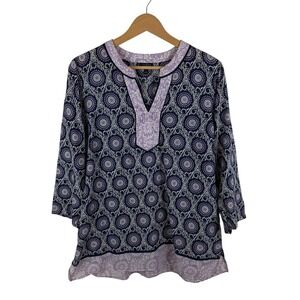 Talbots Medallion Print Tunic Top Large Coastal Lightweight‎ Cotton Resort Boho